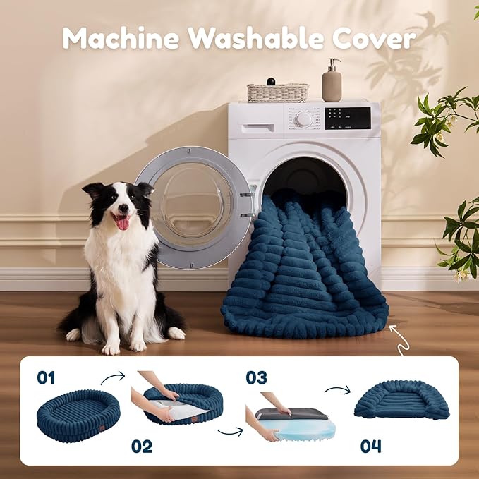 ChiXnuggle Dog Bed Large Sized Dog - Luxury Striped Faux Fur Waterproof Pet Couch with Removable Washable Cover, Orthopedic Pet Bed with Bolster Sides for Sleeping, Midnight Blue