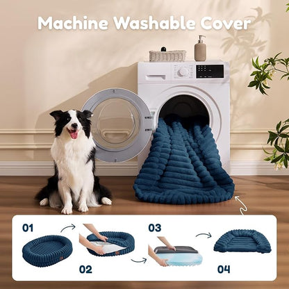 ChiXnuggle Dog Bed Large Sized Dog - Luxury Striped Faux Fur Waterproof Pet Couch with Removable Washable Cover, Orthopedic Pet Bed with Bolster Sides for Sleeping, Midnight Blue