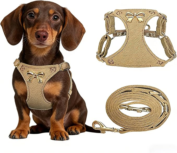 No Pull Dog Harness and Leash Set for Small Sized Dog Training Puppy Harnesses with Multifunction Dog Leash Soft Adjustable Denim No Choke Escape Proof Pet Harness for Small and Medium Dog (Brown XS)