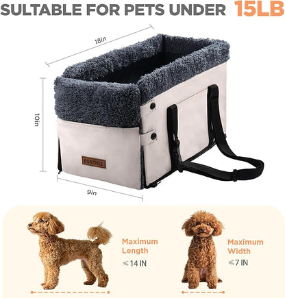 Center Console Dog Car Seat for Small Dogs,PU Leather Small Dog Car Booster Seat,Washable Foldable Puppy Car Seat with Safe Protection Hooks Adjustable Straps and Storage Pocket Pet Up to 15lbs