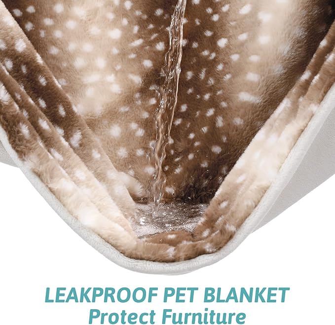COZY KISS Luxury Faux Fur Blanket Deer Print, Waterproof Pet Blanket Washable, Woman Sofa Bed Couch Throw, Liquid Pee Proof for Large Dog or Cat, Reversible, Super Soft, 50x60 inch, Brown