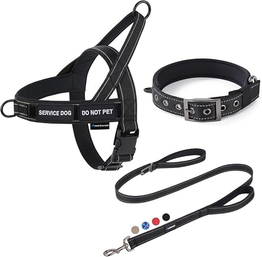 Annchwool No Pull Dog Harness,Heavy Duty Reflective Collar & Leash Set-Dog Leash with Double Handle & Car Seatbelt Clip-Easy Control for Walking Training Medium Large Size Dogs(Black,S)