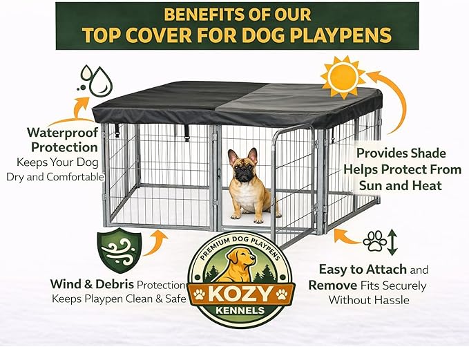 Dog Playpen w/Square Top Shade Cover - 40 inch, 8 Panel Portable Grey Metal Pet Play Pen for Medium & Large Dogs - Indoor/Outdoor Kennel Cage for Home, Yard, RV, or Camping