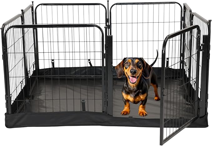 Dog Playpen w/Square Bottom Floor Cover - 24 inch, 8 Panel Portable Black Metal Pet Play Pen for Small Dogs & Puppies - Indoor/Outdoor Kennel Cage for Home, Yard, RV, or Camping