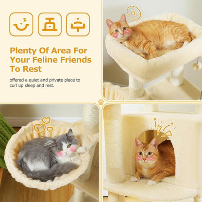 MUTTROS Cat Tree, Multi-Level Cat Tower for Indoor Cats, Cat Climbing Tree Condo with Sisal Covered Scratching Posts, Deep Hammock and Interactive Cat Toy, Beige