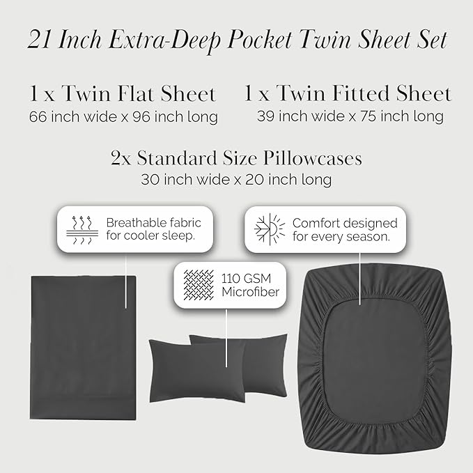 Southshore Fine Living, Inc. 4-Piece Microfiber Sheets Twin Size Bed Set, 21-Inch Deep Pocket Twin Sheet Set, Extra Deep Pocket Fitted Sheet, Grey Pillow Cases Standard Size, Grey Sheets, Slate