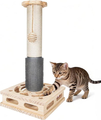 20.5 Inch Cat Scratching Post, 4-in-1 Interactive Maze Base with Cat Self Groomer, Natural Pine Wood & Premium Sisal Scratching Pole, Anti-Slip Detachable Design for Indoor Cats