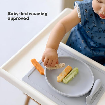 ezpz Tiny Plate (Pewter) - 6 Months+ - 100% Silicone Suction Placemat + Plate for Infants - Fits on Most Highchair Trays - Baby Led Weaning Supplies