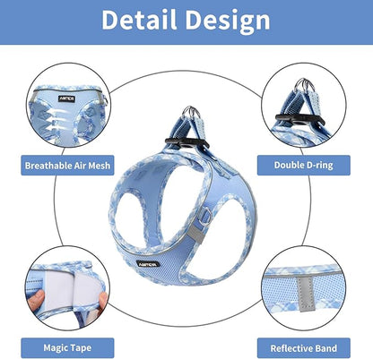 AMTOR Small Dog Harness with Leash Set, No Escape Easy Walk Puppy Harnesses for Training Walking, Step-in Reflective Soft Dogs Vest for XS S Medium Extra-Small Large Sized Dog(S Size,Blue/White)