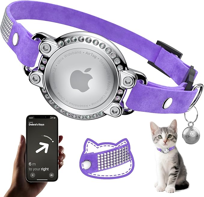 AirTag Cat Collar Breakaway, Diamond Microfiber Cat Collars with Apple Air Tag Holder and Bell, Adjustable Comfortable GPS Tracker Cat Collar for Girl Boy, Kittens, Puppies (Purple)