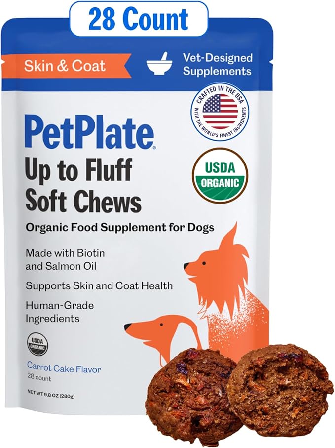 PetPlate Up to Fluff Soft Chews for Dogs, Skin & Coat Support, USDA Organic Supplement, Grain-Free, Human-Grade, Includes Salmon Oil and Biotin, Pet Supplies (Pack of 1, 9.8 Ounce)