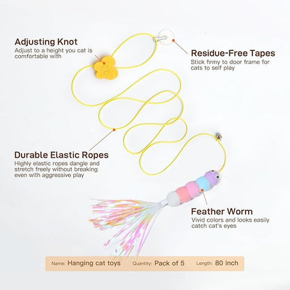 Potaroma Interactive Cat Feather Toys 5 Pcs, Cat Teaser Retractable Hanging Indoor Kitten Play Chase Exercise, Mental Physical Stimulation for All Breeds and Species (Pack of 2)