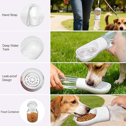Dog Water Bottle, Portable Water Bottle with Food Container for Dogs Cat Pet Hiking Walking Travel Camping, Leak-Proof Dog Water Bowl Dispenser with Feeder Function Puppy Essentials (11.5oz White)