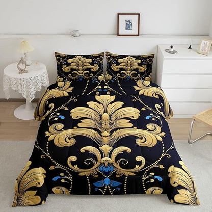 Bohemian Paisley King Comforter Set Hippie Mandanla Bedding Set, Black and Gold Duvet Insert Vintage Floral Quilt Comforter Boho Aesthetic Flower Bedding Comforter Sets, Retro Medallion Bedroom Decor