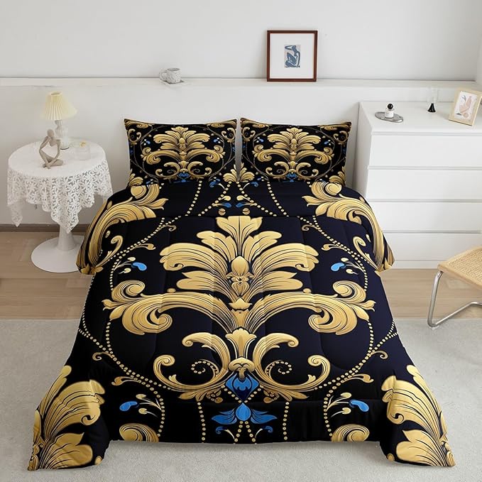 Bohemian Paisley Twin Comforter Set Hippie Mandanla Bedding Set, Black and Gold Duvet Insert Vintage Floral Quilt Comforter Boho Aesthetic Flower Bedding Comforter Sets, Retro Medallion Bedroom Decor