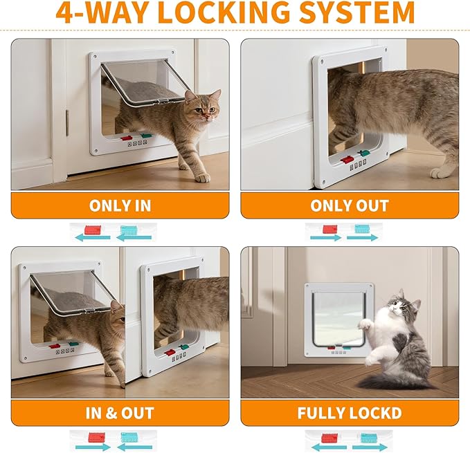 Cat Door for Interior and Exterior Doors with 4-Way Locking System - Pet Door for Cats and Small Dogs, Durable Transparent PVC Flap with Noise Reduction Seals-Viywicz