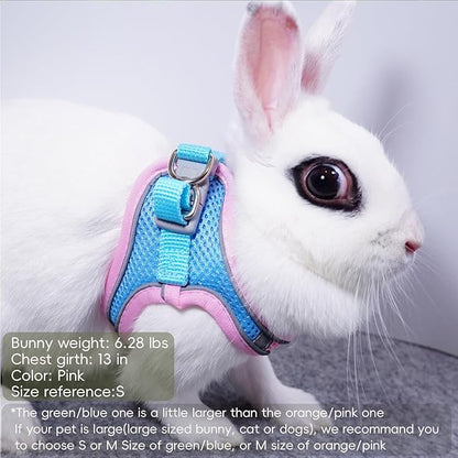 Rabbit Harness and Leash Set Escape Proof, Adjustable Soft Padded Vest, Breathable Mesh Bunny Harness with Reflective Strap, Safe for Small Animals(Pink,S)
