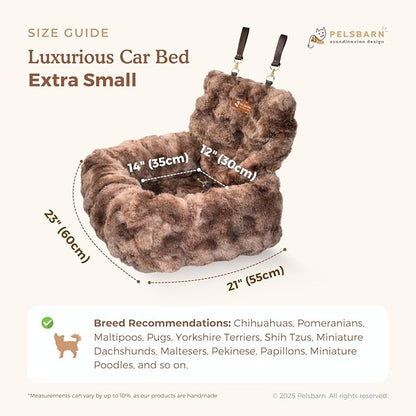 Pelsbarn Luxurious Cozy Car Bed - X-Small Luxury Travel Dog Bed with Safety Belt - Ultra Soft Faux Fur - Brown