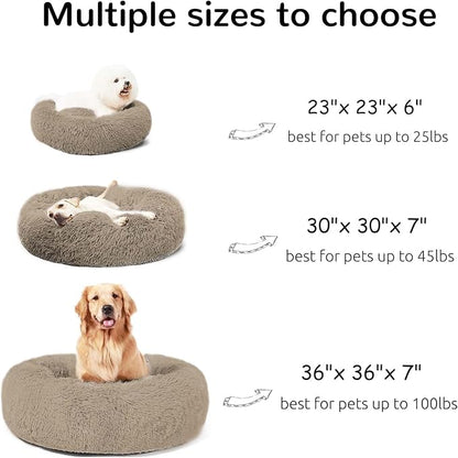 HACHIKITTY Calming Donut Cuddler Dog Bed, Round Fluffy Pet Bed with Sewn-in Cushionfor Large Dogs,Washable, Large, Taupe, 24''