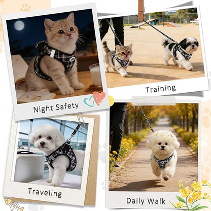 Gyuzh Small Cat Harness and Leash Set for Kitten & Puppy - 3-in-1 No Pull Step in Vest Collar, Lightweight Tactical Reflective Plaid, Padded Handle (Black, XS)