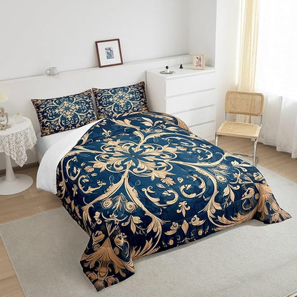 Erosebridal Paisley Comforter Set King Flower Bedding Set, Navy Blue Beige Bedding Comforter Sets Golden Floral Duvet, Bohemian Hippie Quilted Comforter Teen Adults Bedroom Décor, Lightweight 3pcs