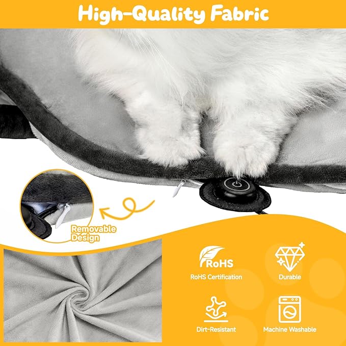 Cat Heating Pad for Indoor Cats Dogs Pressure-Activated Heated Cat Bed for Pets Warming Mat Electric Heated Pads with Removable Cover Adjustable Temp Sunflower Grey 22"X 22"