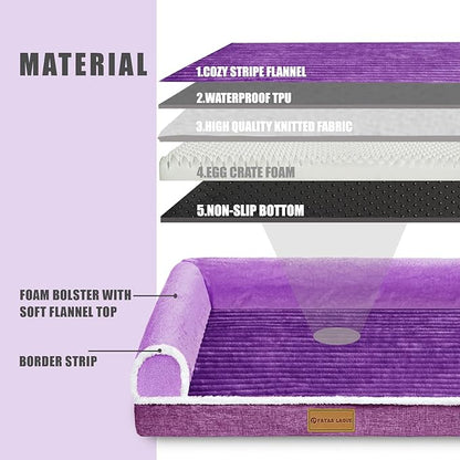 Patas Lague Orthopedic XL Dog Bed Large Sized Dog 48''X30'', Waterproof Comfortable L Bolster Big Extra Large Non-Slip Soft Warm Pet Crate Bed Sleep Sofa mat with Removable Washable Cover, Purple