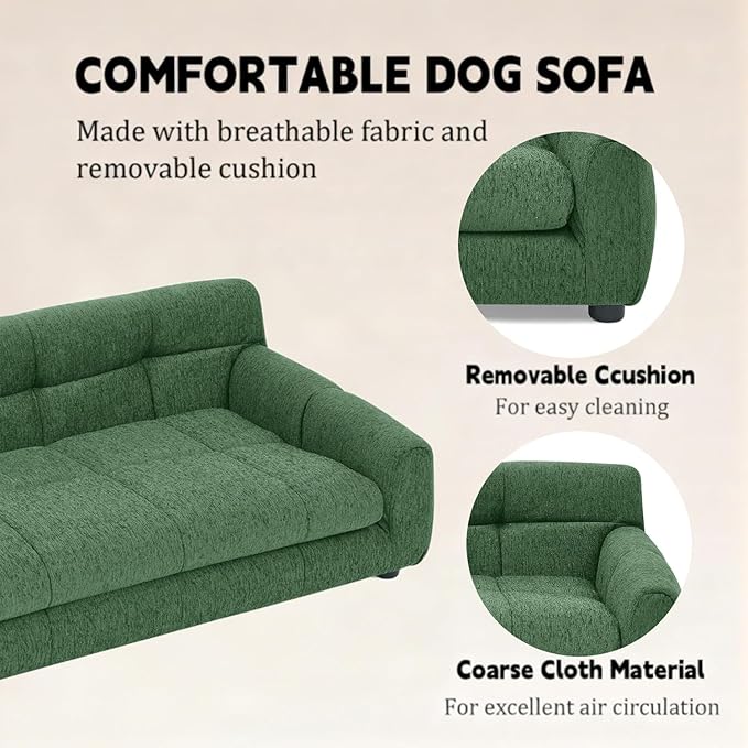 Dog Couch Bed with Backrest and Armrest, Durable Pet Sofa with Upholstered Foam Cushion, Elevated Dog Couch Bed with Legs for Medium Dogs, Emerald Green