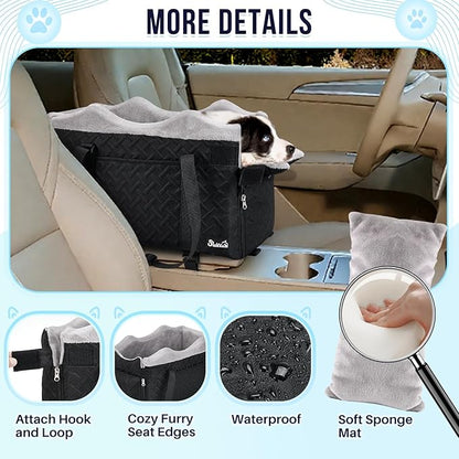 SlowTon Console Dog Car Seat - Portable Center Dog Car Seat for Small Dogs up to 9 lbs, Washable Pet Carseat with Soft Cushion Safe Protection Hooks & Storage Pocket, Black