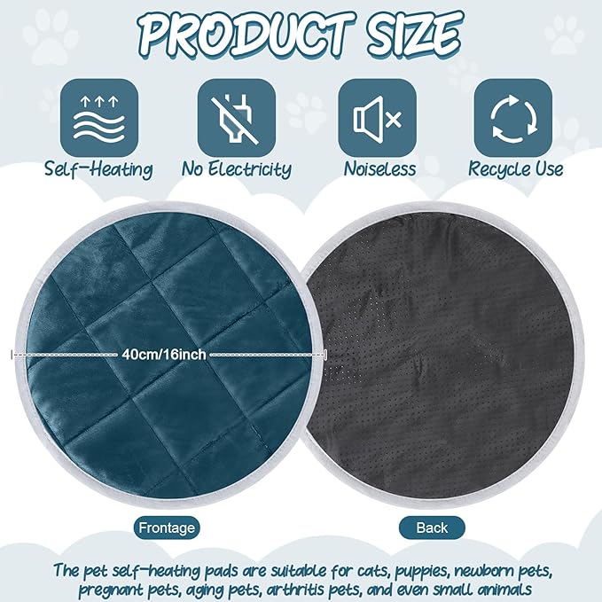 Drydiet 2 Pcs Self Warming Cat Mat Round Self Heating Pad Bed Reversible Machine Washable Heated Bed Anti Slip Warming Pad Pet Mat for Cat Crate Indoor Outdoor(Blue,16 Inch)