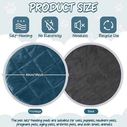 Drydiet 2 Pcs Self Warming Cat Mat Round Self Heating Pad Bed Reversible Machine Washable Heated Bed Anti Slip Warming Pad Pet Mat for Cat Crate Indoor Outdoor(Blue,16 Inch)
