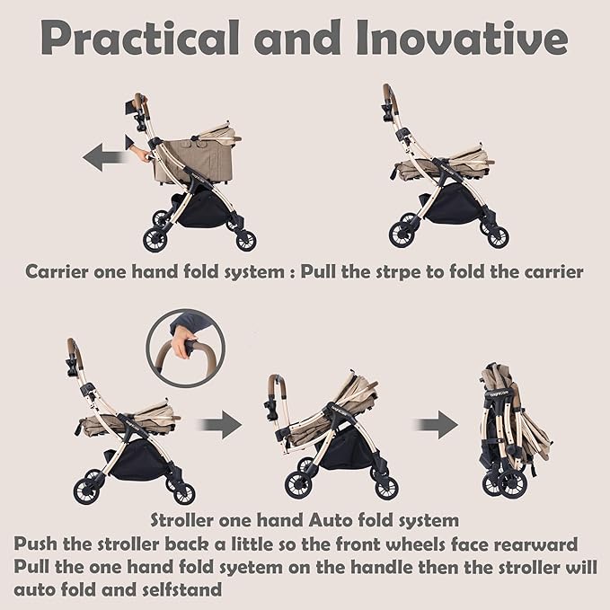 Auto-Folding Pet Stroller with Detachable Carrier, One-Hand Fold Frame & Carrier, Supports up to 33 lbs, Beige