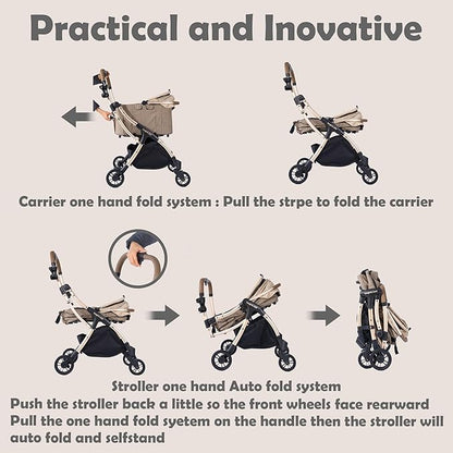 Auto-Folding Pet Stroller with Detachable Carrier, One-Hand Fold Frame & Carrier, Supports up to 33 lbs, Beige