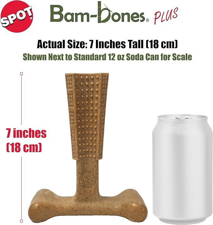 SPOT Bam-Bones Plus Coffee Wood T-Bone Dog Chew Toy, Chicken Flavor, Nylon and Coffee Wood Fiber Blend, Durable Chew for Heavy Chewers and Dogs Under 90 lbs, Non-Splintering Dental Chew, 7 Inch