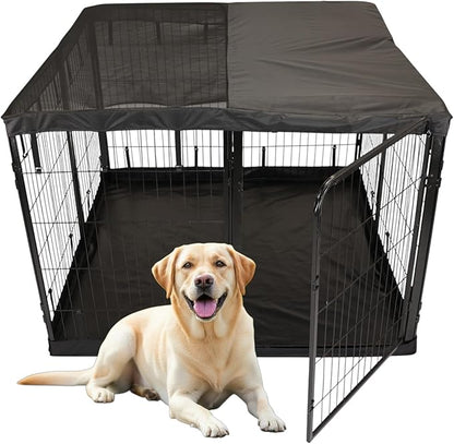 Dog Playpen w/Square Bottom Pad & Top Cover - 40 inch, 8 Panel Portable Black Metal Pet Play Pen for Medium and Large Dogs - Indoor/Outdoor Kennel Cage for Home, Yard, RV, or Camping