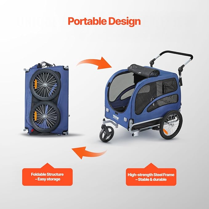 VEVOR Dog Bike Trailer, Supports up to 66/88/100 lbs, 2-in-1 Pet Stroller Cart Bicycle Carrier, Easy Folding Cart Frame with Quick Release Wheels, Universal Bicycle Coupler, Reflectors, Flag