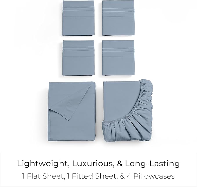 Mellanni California King Sheet Set - 6-Piece Iconic Collection Bedding, (Including 4 Pillowcases), 21-Inch Extra Deep Pocket, Easy Care, Ultra Soft, Cooling Sheets, Brushed Microfiber - Blue Hydrangea