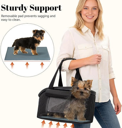 Dog Purse Carrier for Small Dogs Cats, Lightweight Luxury Pet Bag with Pocket for Puppy Kitten, Soft-Sided Travel Dog Bag Tote Up to 10 lbs,TSA Airline Approved (Black, 14.17'' L x 7.09''W x 8.66''H)