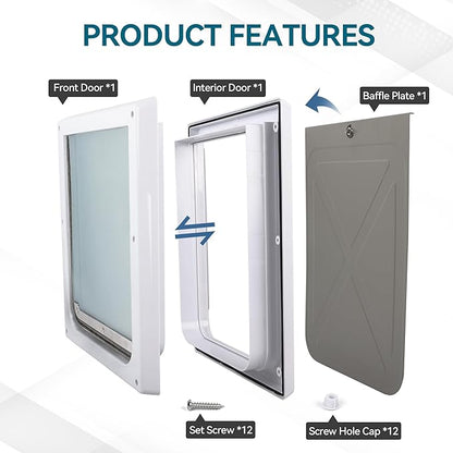 PAWISE 2 Way Dog Door, Lockable Dog Flap with Flexible Transparent Flap, Weatherproof & Easy Install Pet Door with Solid Metal Panel, Energy-Efficient Design Doggy Door for Large Dogs(15.3"x12.2")