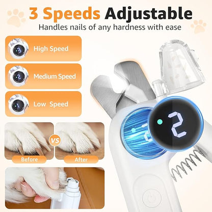 2-in-1 Dog and Cat Nail Grinder and Clipper - 3-Speed Adjustable Electric with Manual Head, Quiet Motor and LED Light for Safe Trimming, Professional Grooming Tool for All Pets