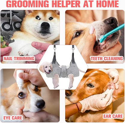 PAWCHIE Dog Grooming Hammock Harness for Dogs & Cats with Pet Nail Clipper Trimmer,Cat Hanger Sling for Trimming Clipping Nails,Warm Plush Dog Hammock Restraint Bag for Small Medium Large Dogs,Grey S