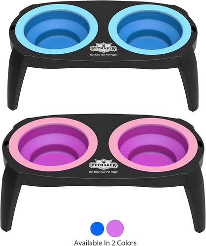 Elevated Cat and Dog Food Bowls with Non-Slip Stand - Removable and Collapsible Silicone Feeder for Food and Water - 16-Ounces Each by PETMAKER (Pink)