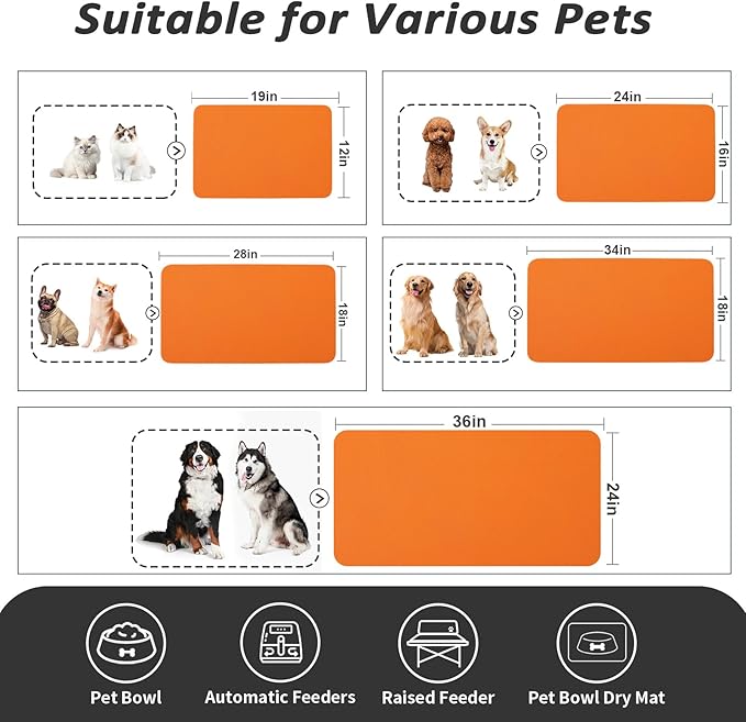 HotLive Dog Food Mat - Absorbent Cat Mat for Food and Water, No Stains Pet Feeding Bowl Mat, Easy to Clean Pet Placemats, Quick Dry Dog Water Dispenser Mat for Messy Drinkers | Orange 18"x 28"