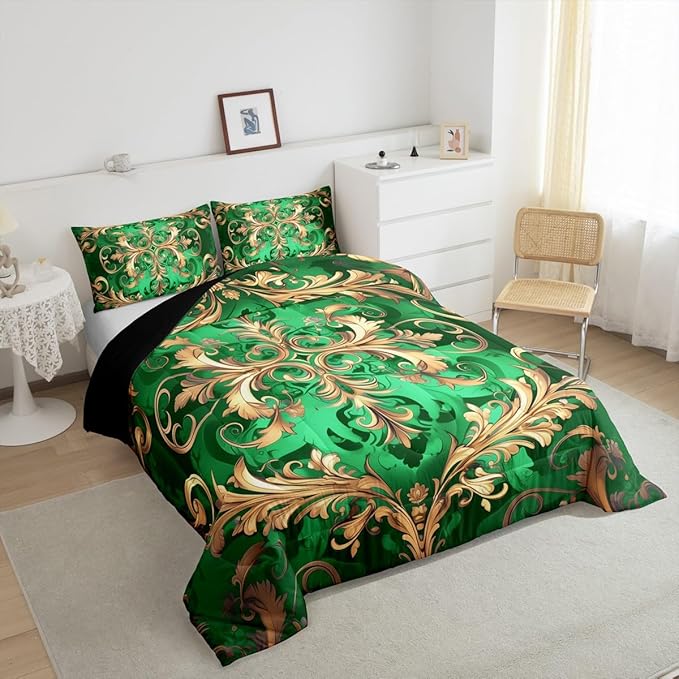 Erosebridal Golden Damask Queen Comforter Set, Vintage Florals Exotic Soft Bed Set for Kids Boys Girls, Aztec Boho Waterproof Paisley Duvet Insert for Bedroom, Bohemian Retro Hippie Down Comforter