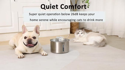 Stainless Steel Cat Fountain, 102 oz/3L Automatic Pet Fountain for Cats and Small Dogs, Ultra-Quiet Pump with White LED Light, Water Level Window