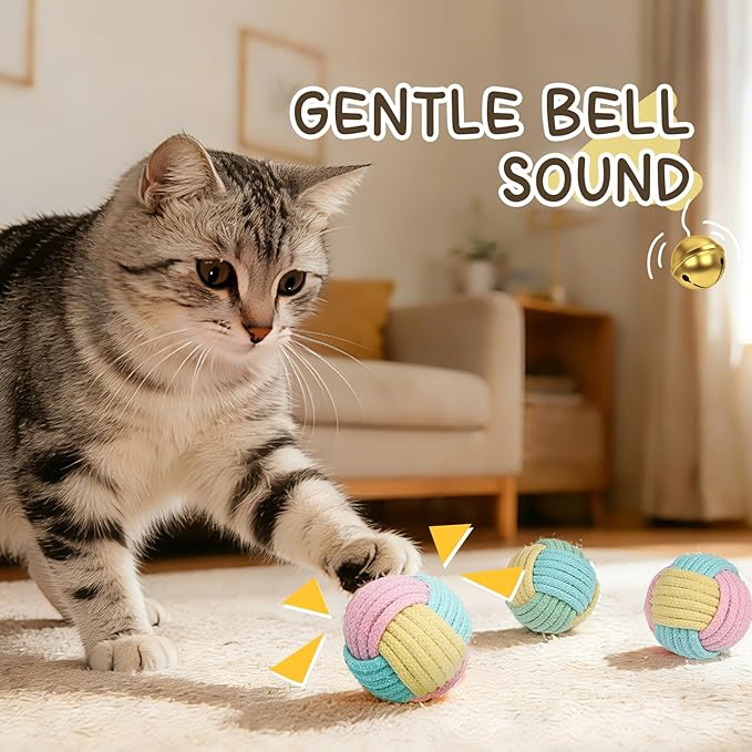 Crinkle Cat Chew Toy Balls 6-Pack with Rope - Indestructible & Quiet for Indoor Cats & Kittens - Soft, Durable Cat Enrichment Toys Promotes Dental Health, Interactive Play for Bored Cats