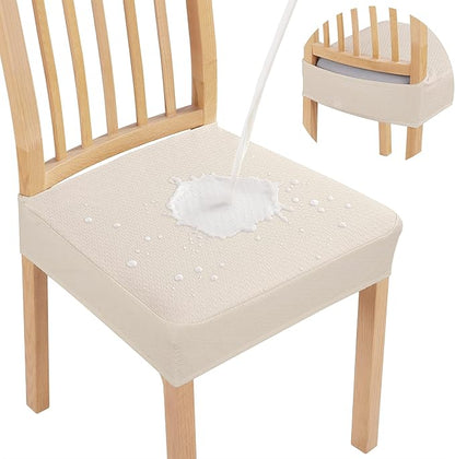 Smiry Waterproof Seat Covers for Dining Room Chairs Set of 10, Stretch Jacquard Removable Washable Chair Seat Slipcovers Protector, No Rear Covers, Beige
