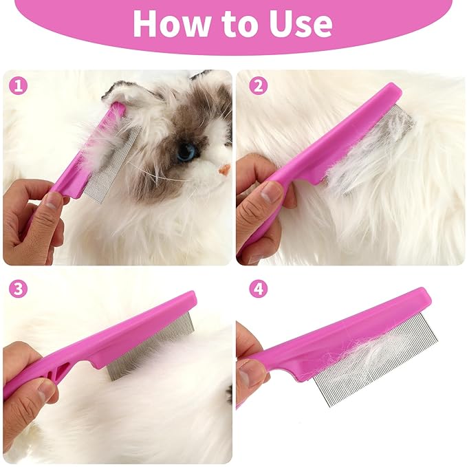 TIESOME Pet Hair Comb Tear Stain Removal,2 Pack Multifunctional Pets Grooming Comb Kit 2 in 1 Dog Combs Stainless Grooming Massage Dual-Sided Comb for Knots Crust Floating Hair Tangle Fleas(Pink)