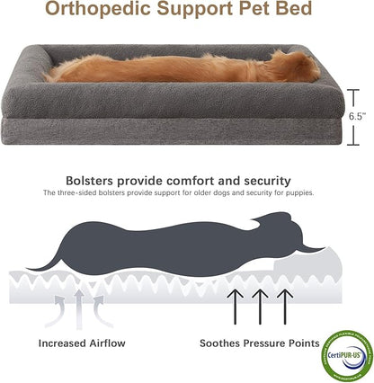RRPETHOME Washable Dog Beds Large Sized Dogs, Extra Large Orthopedic Dog Beds with Removable Cover, Waterproof Pet Bed with Bolsters, Big Dogs Couch Bed with Non Slip Bottom, Grey