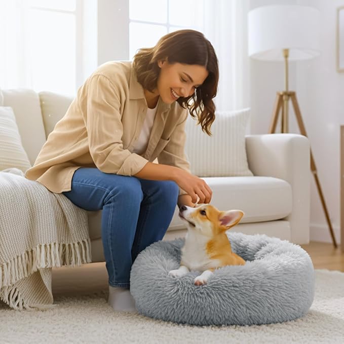 Calming Anti-Anxiety Donuts Dog And Cat Bed, Round Fluffy Soft Washable Pet Bed For Small Medium Dogs And Cats, Cuddler Warming and Comfortable Cushion, Luxury Anti-Slip Waterproof Mute Base 24in Gray